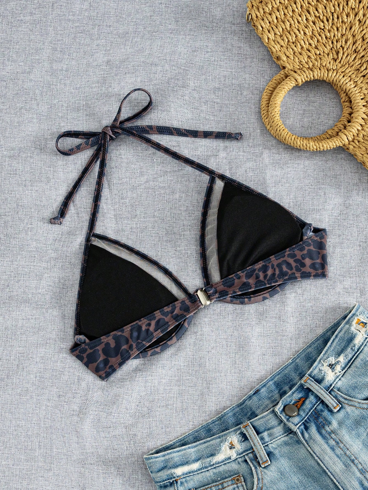 Swim Vcay Women's Leopard Print Halter Tie Bikini Top, Suitable For Summer Vacation And Beach
