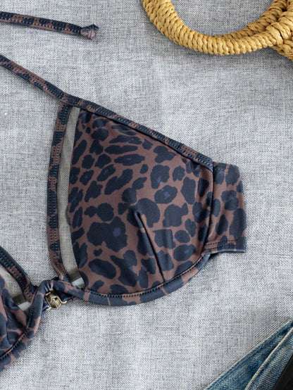 Swim Vcay Women's Leopard Print Halter Tie Bikini Top, Suitable For Summer Vacation And Beach
