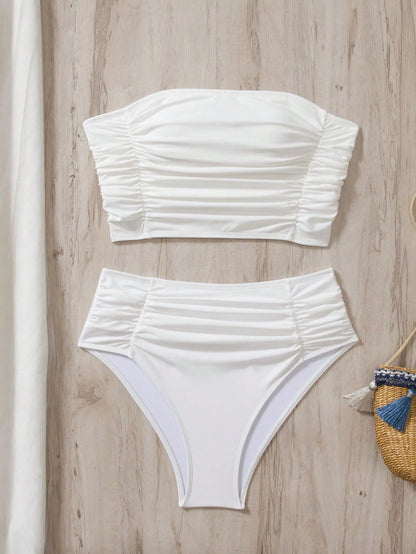 Swim Vcay Women's Solid Color Bandeau Ruffled Bikini Set Summer