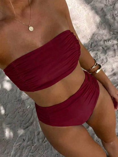 Swim Vcay Women's Solid Color Bandeau Ruffled Bikini Set Summer