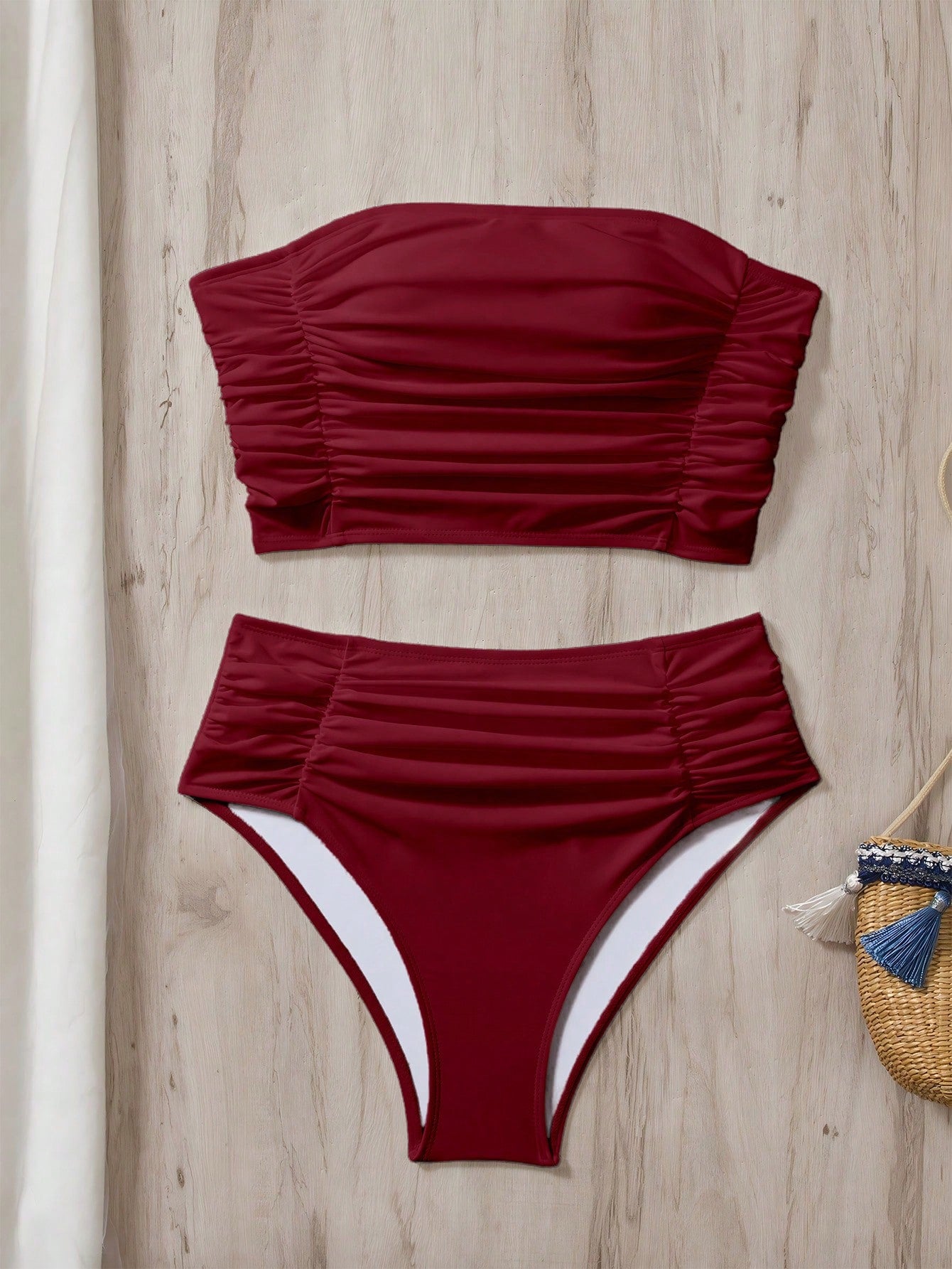 Swim Vcay Women's Solid Color Bandeau Ruffled Bikini Set Summer