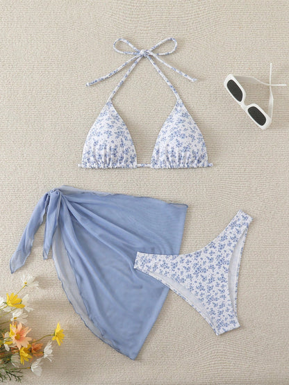 Swim Vcay Women's Summer Beach Ditsy Floral Halter Neck Tie Bikini Swimwear Set With Cover-Up Skirt, 3 Pieces Bathing Suits