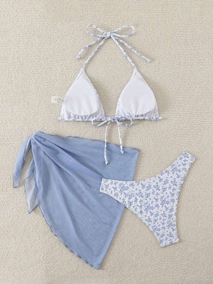 Swim Vcay Women's Summer Beach Ditsy Floral Halter Neck Tie Bikini Swimwear Set With Cover-Up Skirt, 3 Pieces Bathing Suits