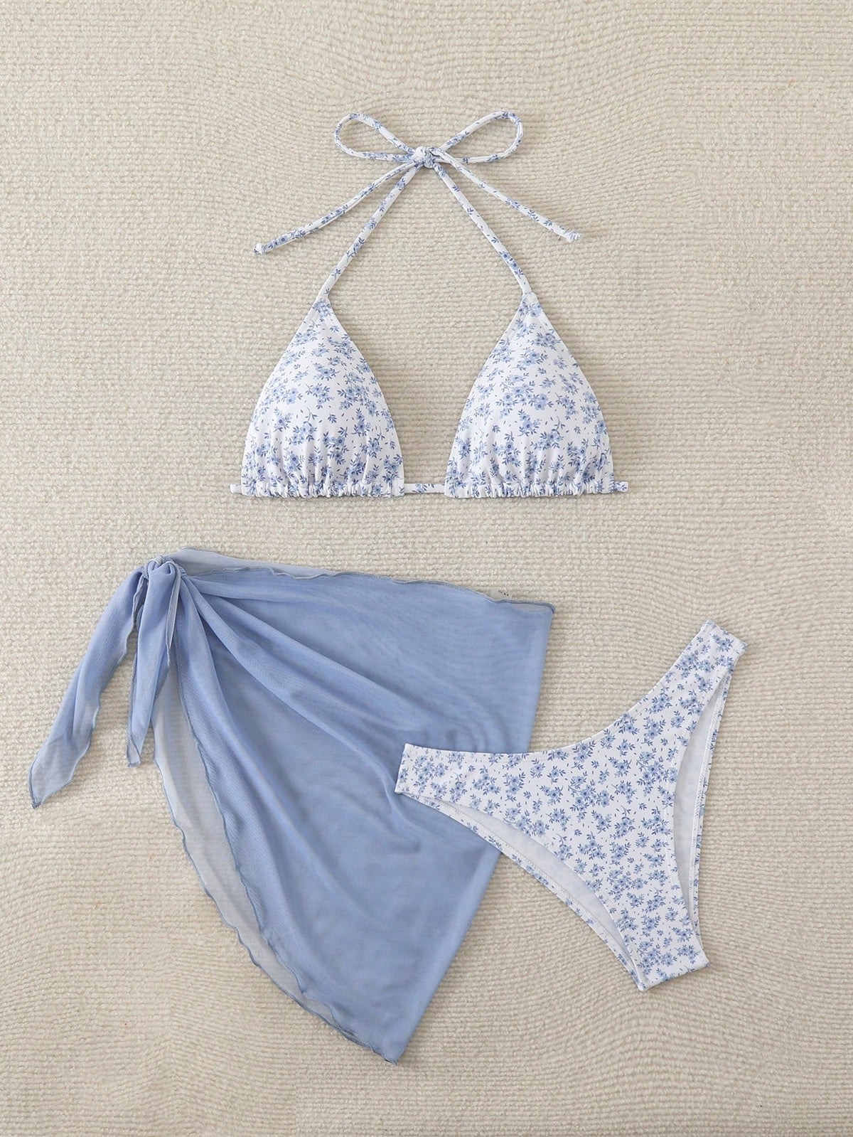 Swim Vcay Women's Summer Beach Ditsy Floral Halter Neck Tie Bikini Swimwear Set With Cover-Up Skirt, 3 Pieces Bathing Suits