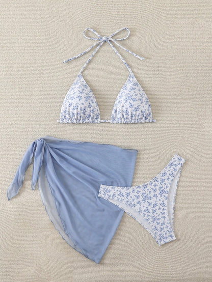 Swim Vcay Women's Summer Beach Ditsy Floral Halter Neck Tie Bikini Swimwear Set With Cover-Up Skirt, 3 Pieces Bathing Suits