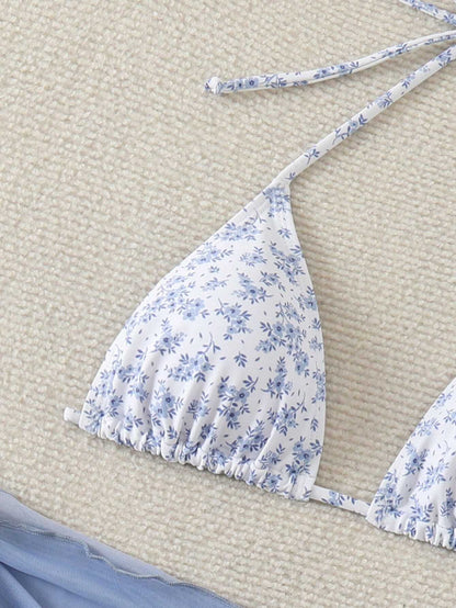 Swim Vcay Women's Summer Beach Ditsy Floral Halter Neck Tie Bikini Swimwear Set With Cover-Up Skirt, 3 Pieces Bathing Suits