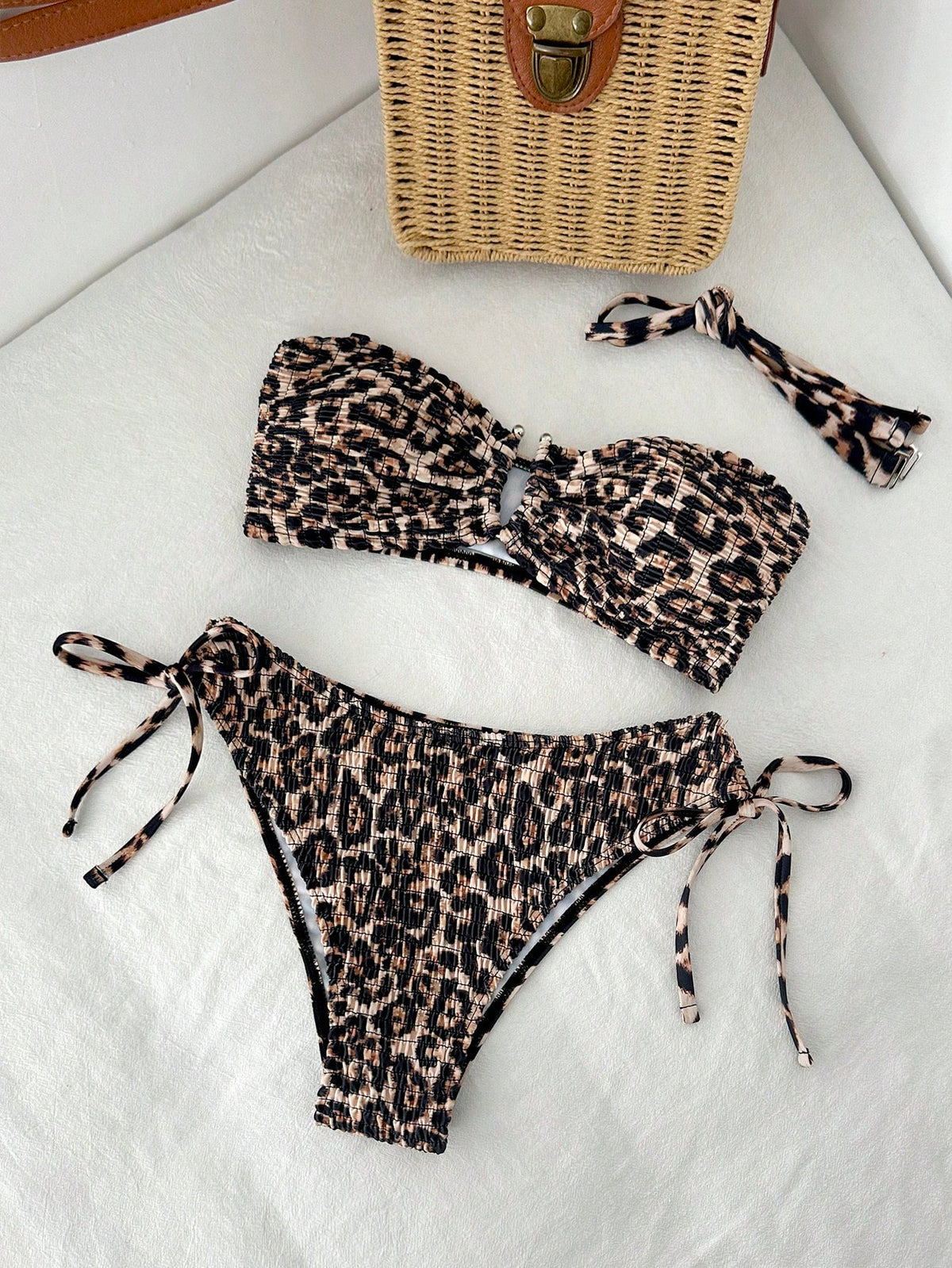 Swim Vcay Women's Summer Beach Leopard Print Detachable Shoulder Strap Bikini Top And Drawstring Ruched Triangle Bottom Swimsuit Set