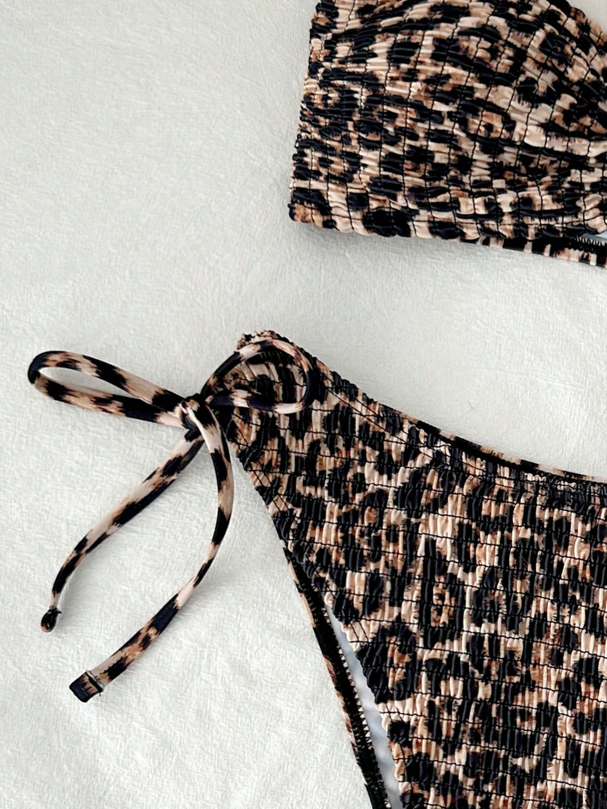 Swim Vcay Women's Summer Beach Leopard Print Detachable Shoulder Strap Bikini Top And Drawstring Ruched Triangle Bottom Swimsuit Set