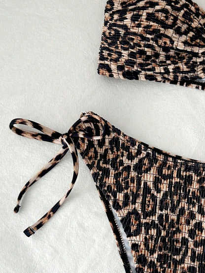 Swim Vcay Women's Summer Beach Leopard Print Detachable Shoulder Strap Bikini Top And Drawstring Ruched Triangle Bottom Swimsuit Set