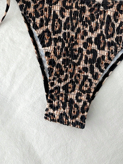 Swim Vcay Women's Summer Beach Leopard Print Detachable Shoulder Strap Bikini Top And Drawstring Ruched Triangle Bottom Swimsuit Set