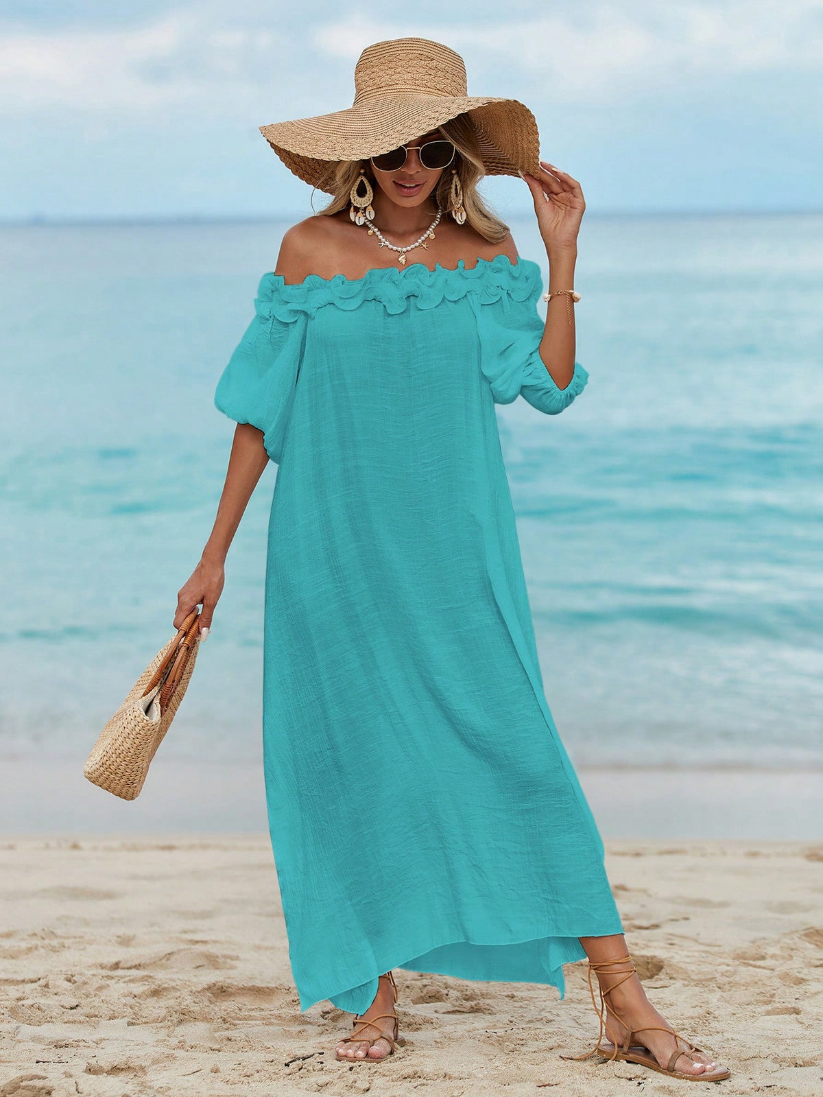 Swim Vcay Women's Summer Beach Ruffled Shoulder Midi Dress, Sexy Beach Dress, Lantern Sleeve Loose Wedding Guest Split Dress