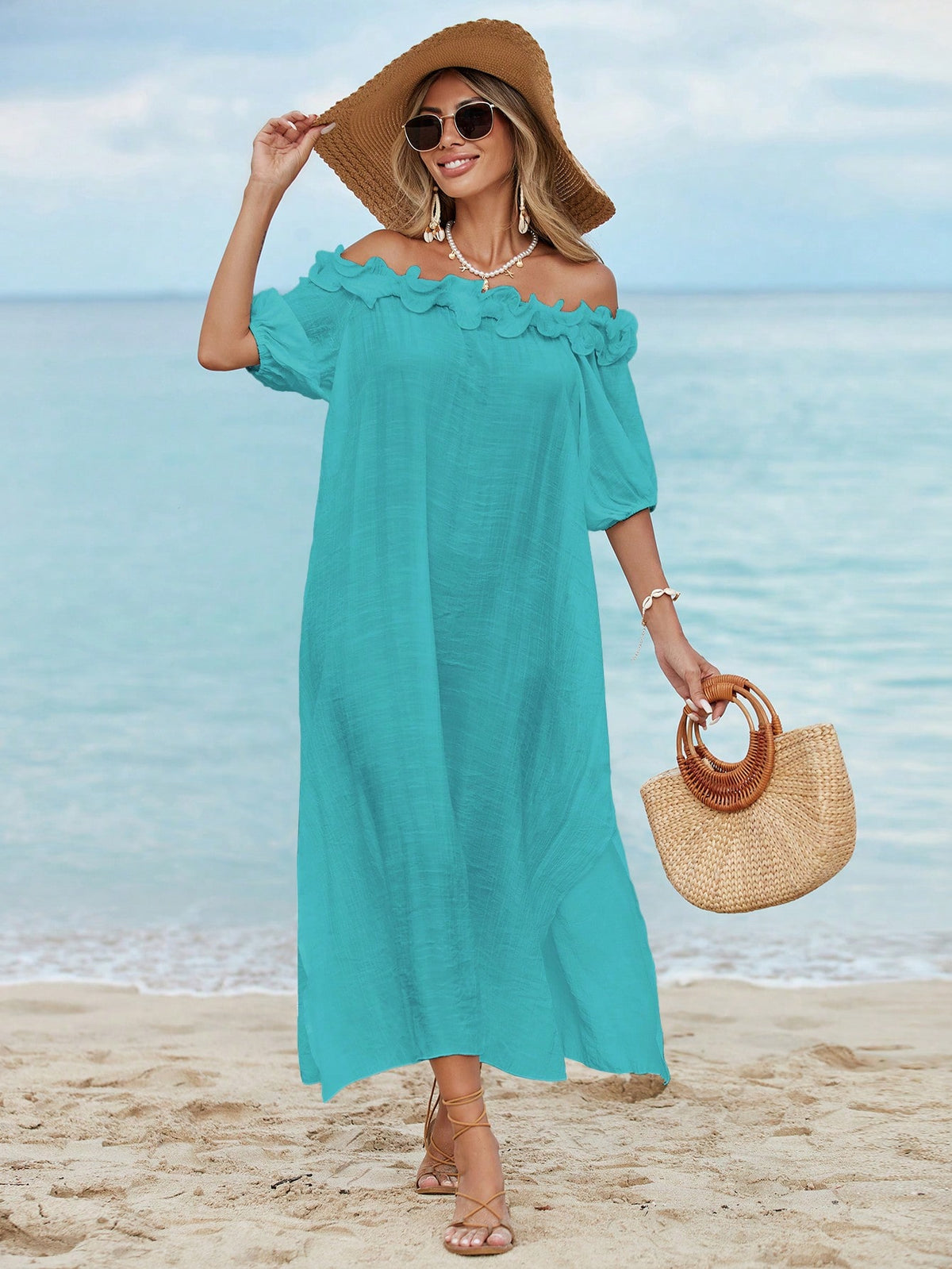 Swim Vcay Women's Summer Beach Ruffled Shoulder Midi Dress, Sexy Beach Dress, Lantern Sleeve Loose Wedding Guest Split Dress