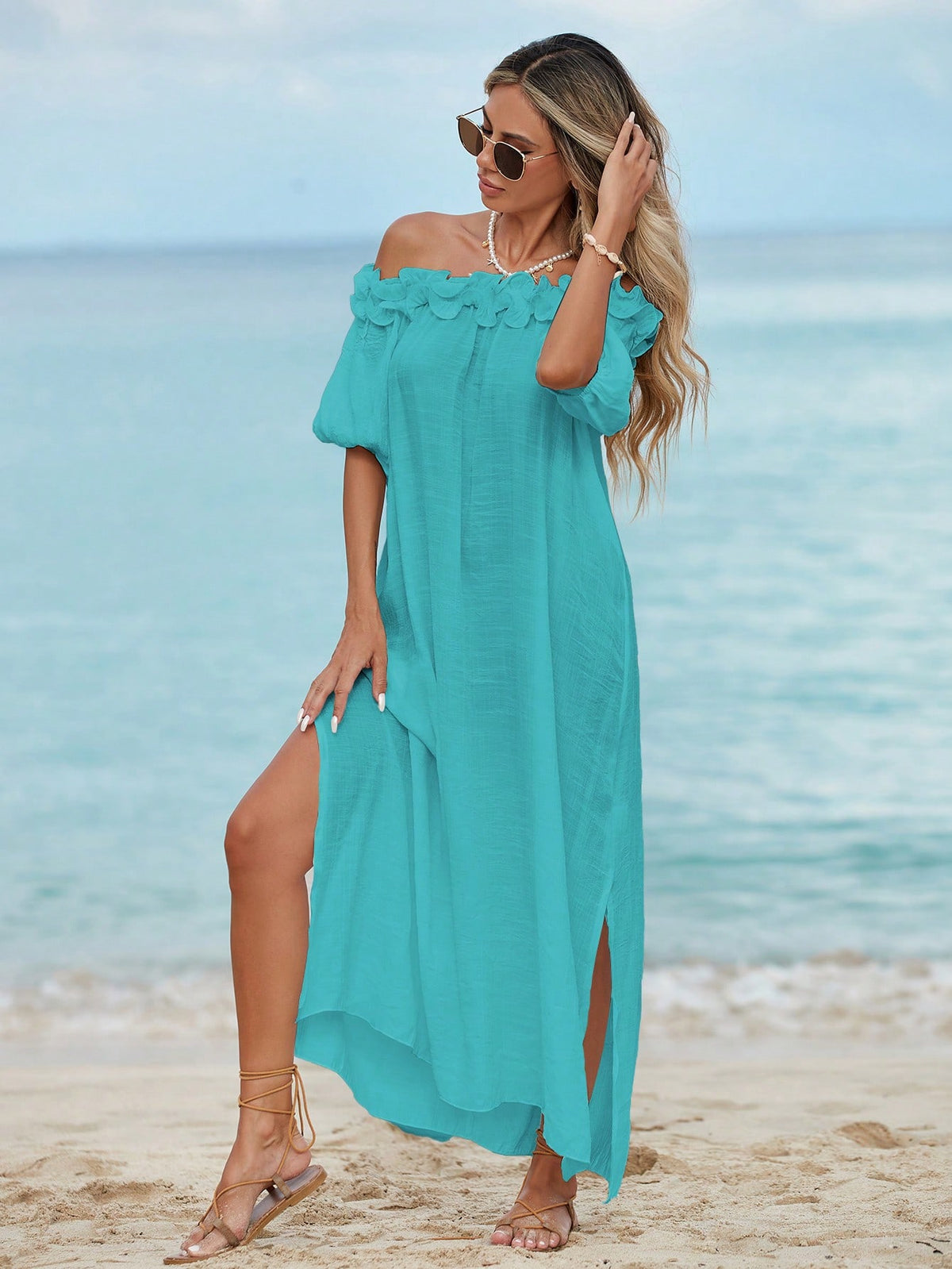 Swim Vcay Women's Summer Beach Ruffled Shoulder Midi Dress, Sexy Beach Dress, Lantern Sleeve Loose Wedding Guest Split Dress