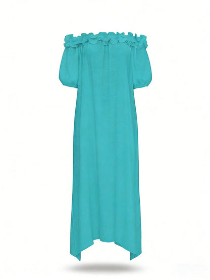 Swim Vcay Women's Summer Beach Ruffled Shoulder Midi Dress, Sexy Beach Dress, Lantern Sleeve Loose Wedding Guest Split Dress