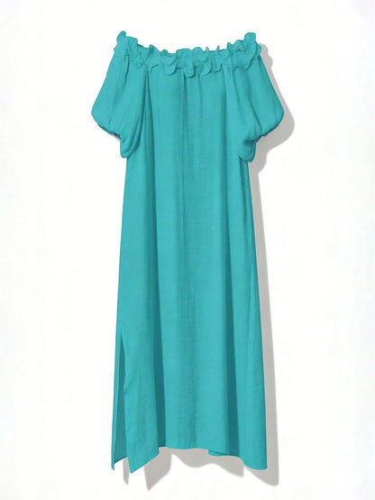 Swim Vcay Women's Summer Beach Ruffled Shoulder Midi Dress, Sexy Beach Dress, Lantern Sleeve Loose Wedding Guest Split Dress