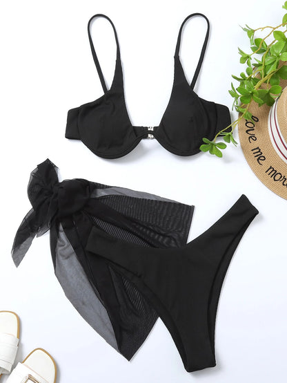 Swim Vcay Women's Summer Beach Solid Color Sexy Bikini 3 Pieces Set With Tankini Top And Skirt, Includes Underwire
