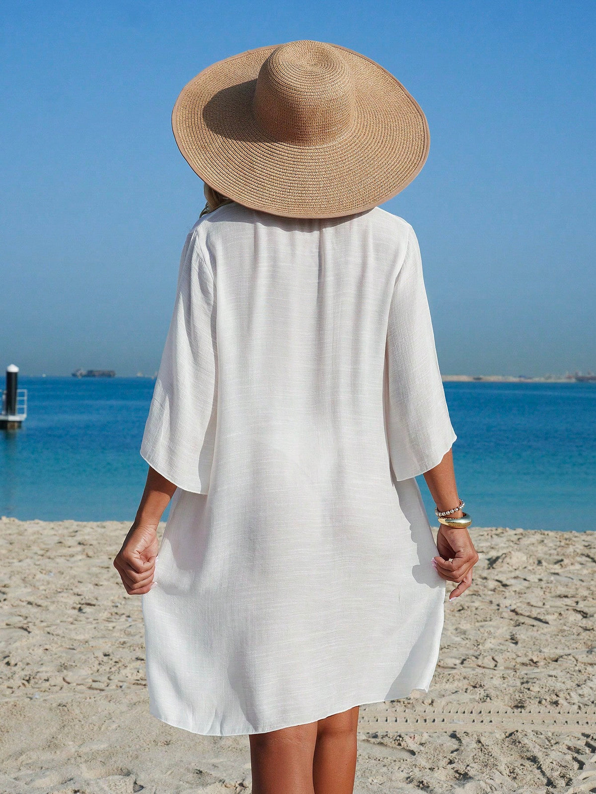 Swim Vcay Women's Summer European And American Style Solid Color Woven V-Neck 3/4 Sleeve Casual Loose Mid-Length Shirt Cardigan