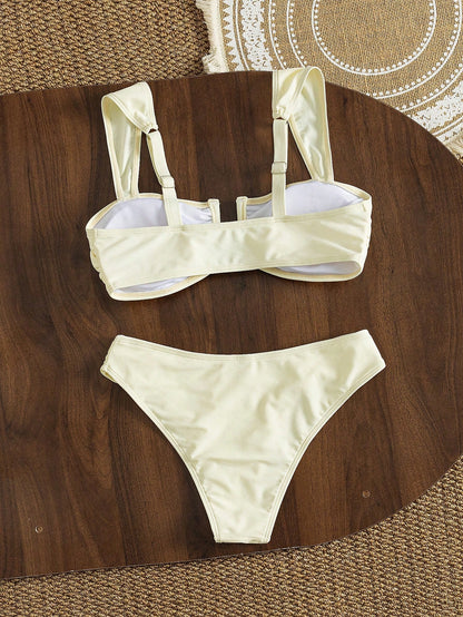 Swim Vcay Women's Summer Soft Yellow Bikini Set, U-Neck Wide Strap High Waist Ruched Two Pieces Fashionable Slimming Beach Vacation Pure Style Swimwear