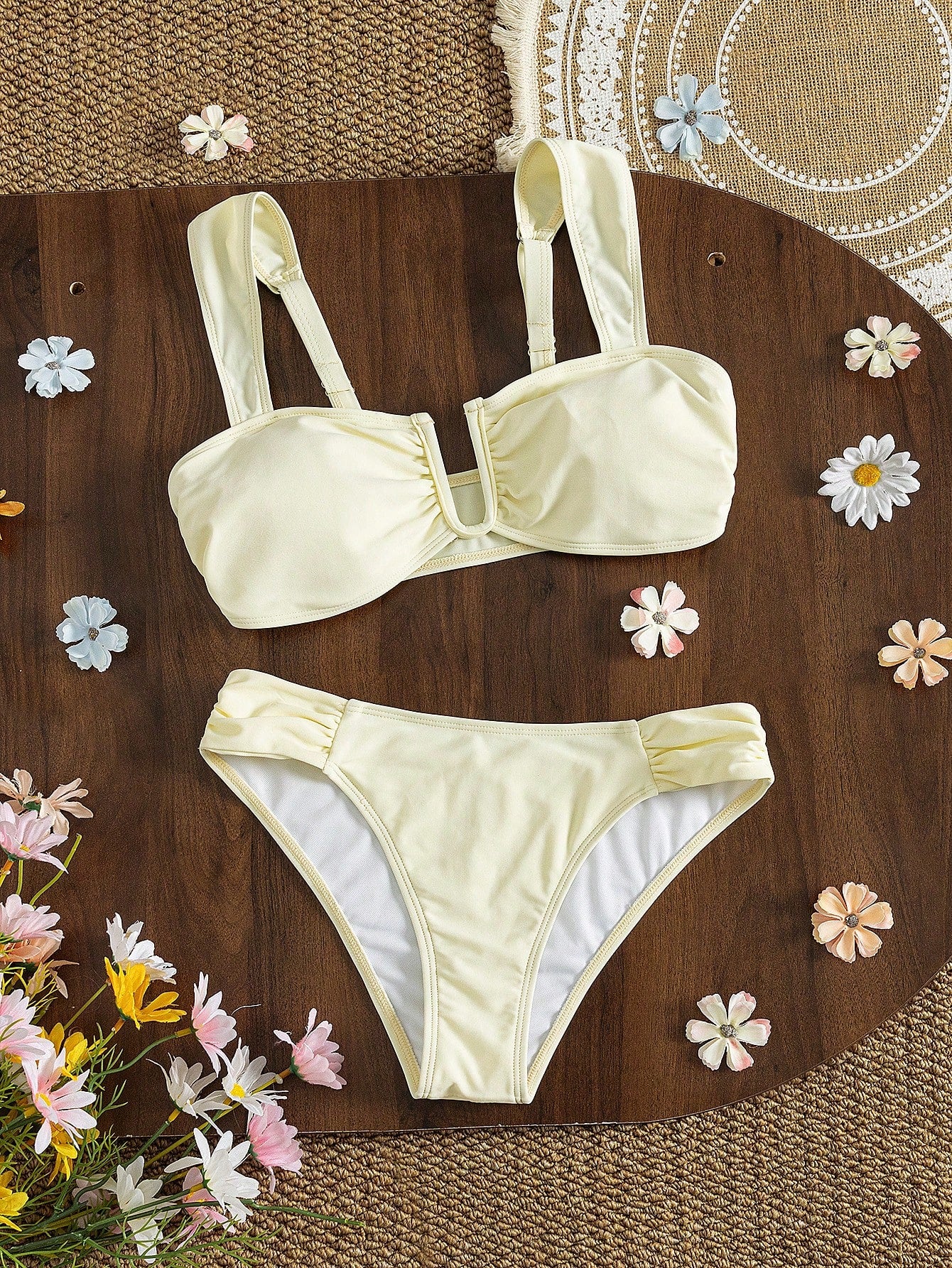 Swim Vcay Women's Summer Soft Yellow Bikini Set, U-Neck Wide Strap High Waist Ruched Two Pieces Fashionable Slimming Beach Vacation Pure Style Swimwear