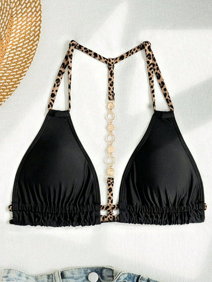 Swim Vcay Women's Vacation Beach Leopard Print Metal Buckle Ruched Sexy Fashion Swimsuit Top