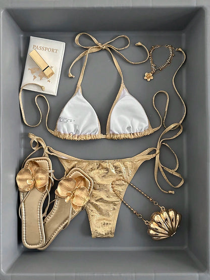 Swim Women's Beach Swimwear Set With Metallic Decor For Summer Beach Vacation