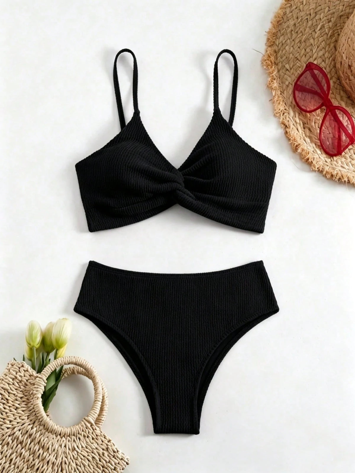 Swim Women's Black Camisole Top And Shorts Swimsuit Set For Sunny Beach