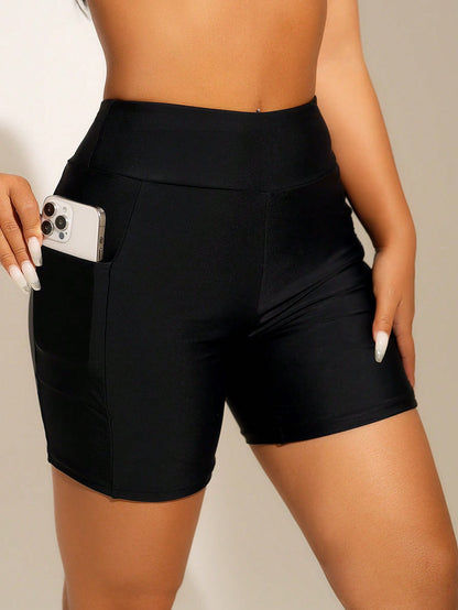 Swim Women's Solid Color Wide Waistband Swim Bottom With Side Pockets, Individual Piece Summer