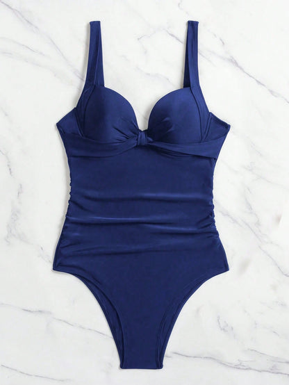 Swim Women Stylish Solid Colored One-Piece Swimsuit With Push-Up Padded Cups,Summer Beach