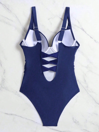 Swim Women Stylish Solid Colored One-Piece Swimsuit With Push-Up Padded Cups,Summer Beach