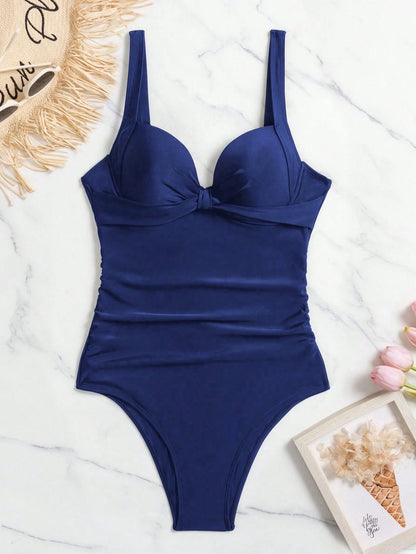 Swim Women Stylish Solid Colored One-Piece Swimsuit With Push-Up Padded Cups,Summer Beach