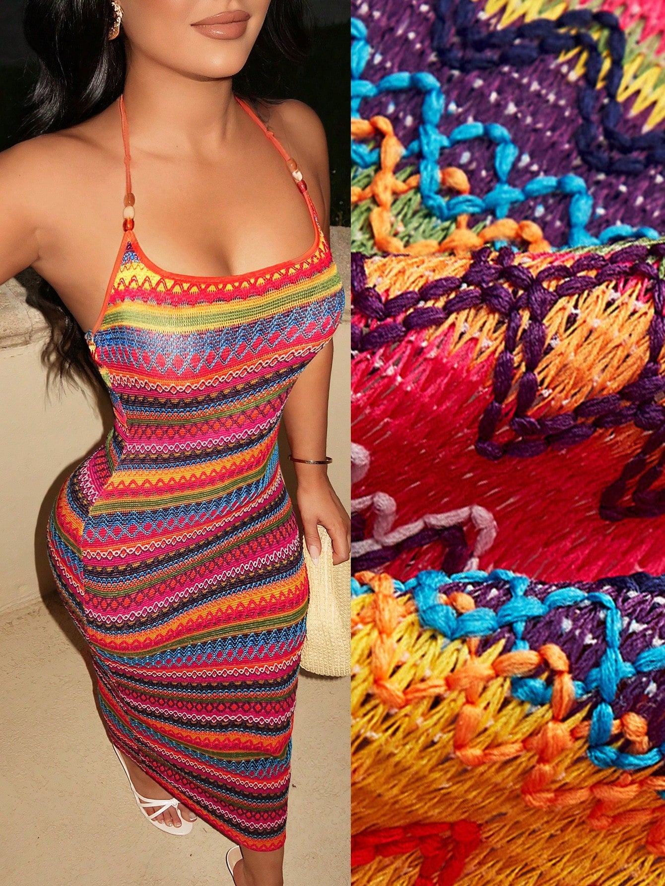 SXY Beach Vacation Vacation Orange And Blue Print Halter Neck Fitted Dress Summer Boho