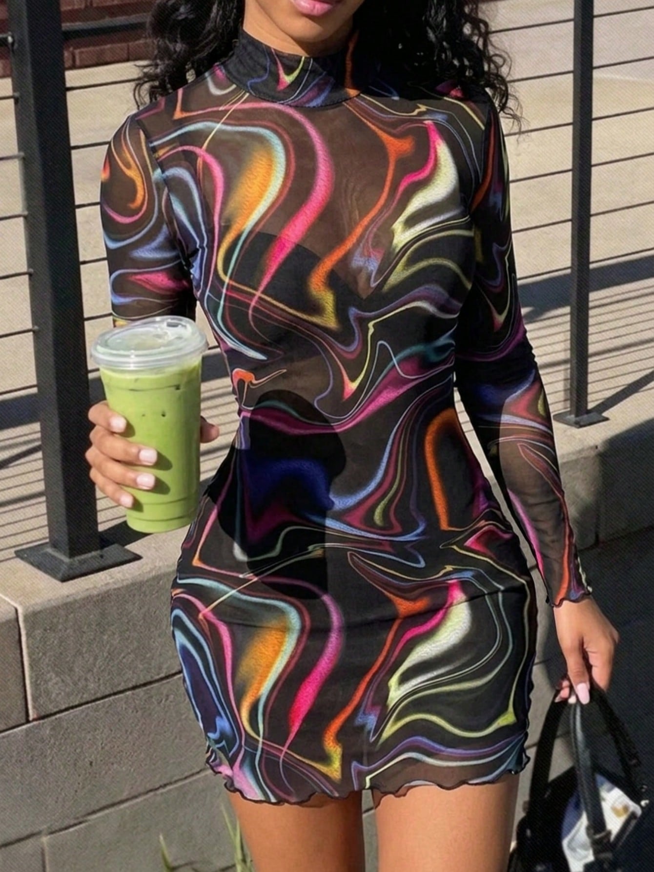SXY Black Psychedelic Lines All Over Floral Print See-Through Stand-Up Collar Mesh Slit Hip-Covering Long-Sleeved Dress