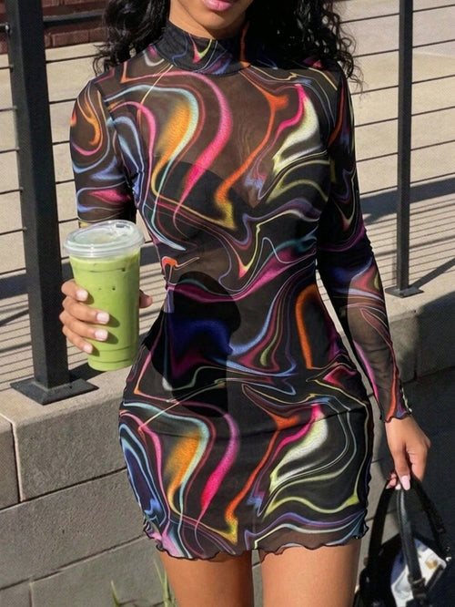 SXY Black Psychedelic Lines All Over Floral Print See-Through Stand-Up Collar Mesh Slit Hip-Covering Long-Sleeved Dress