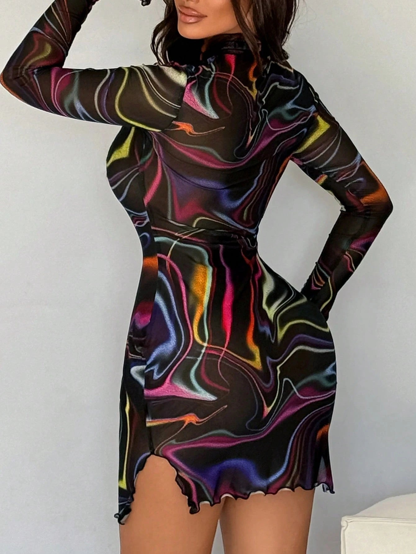 SXY Black Psychedelic Lines All Over Floral Print See-Through Stand-Up Collar Mesh Slit Hip-Covering Long-Sleeved Dress