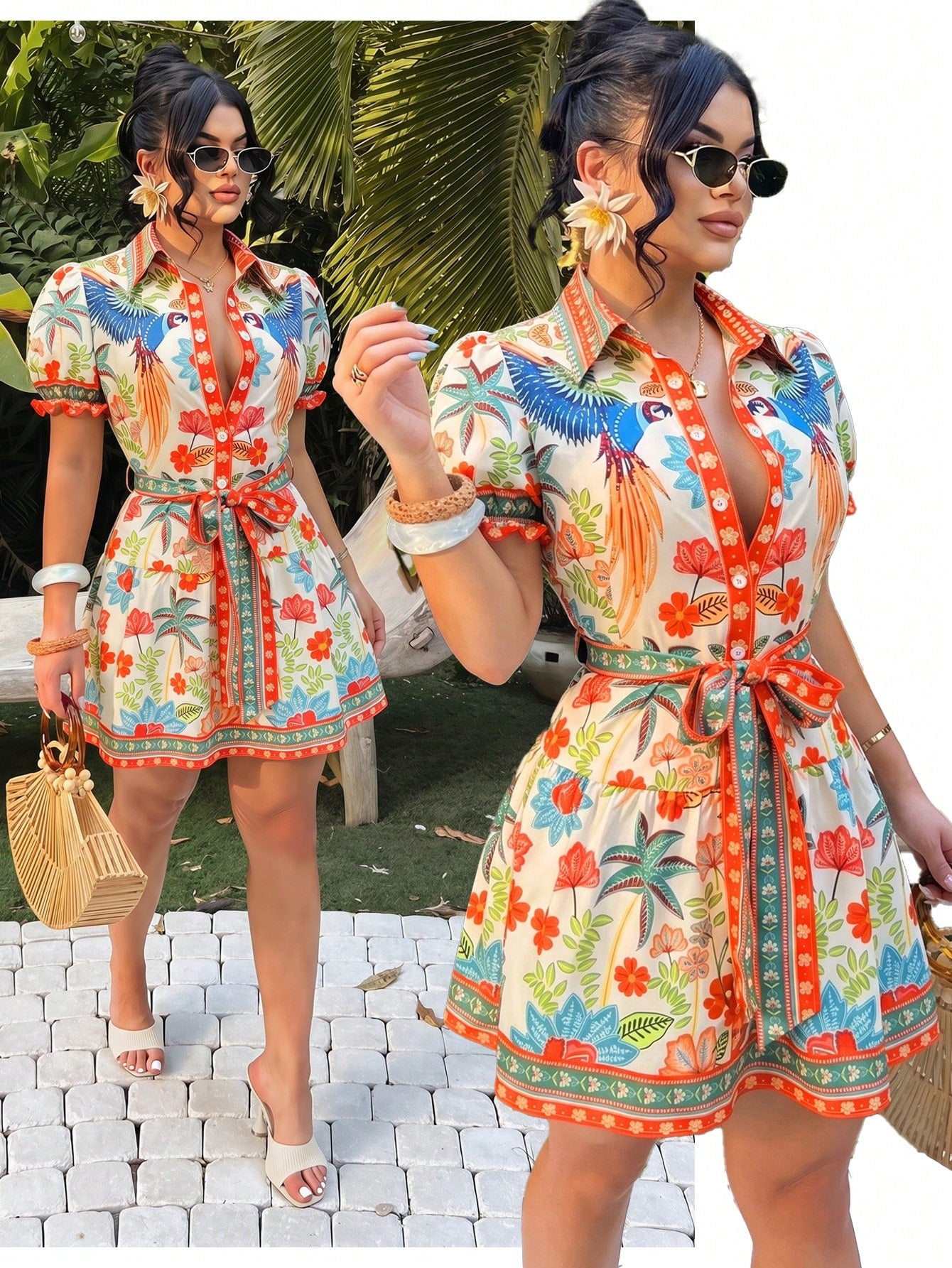SXY Bohemian Tropical Print A-Line Dress, Women's Summer Holiday Vacation Outfits, Beige Front Button Resort Wear, Floral Hawaiian Aloha Beach Style Dress