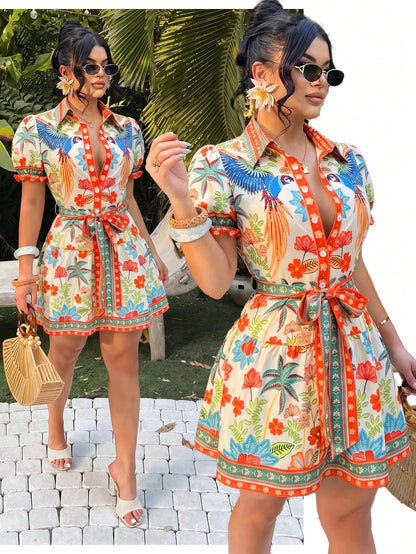 SXY Bohemian Tropical Print A-Line Dress, Women's Summer Holiday Vacation Outfits, Beige Front Button Resort Wear, Floral Hawaiian Aloha Beach Style Dress