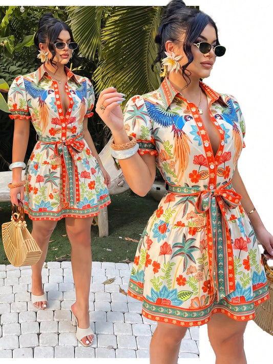 SXY Bohemian Tropical Print A-Line Dress, Women's Summer Holiday Vacation Outfits, Beige Front Button Resort Wear, Floral Hawaiian Aloha Beach Style Dress