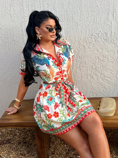 SXY Bohemian Tropical Print A-Line Dress, Women's Summer Holiday Vacation Outfits, Beige Front Button Resort Wear, Floral Hawaiian Aloha Beach Style Dress
