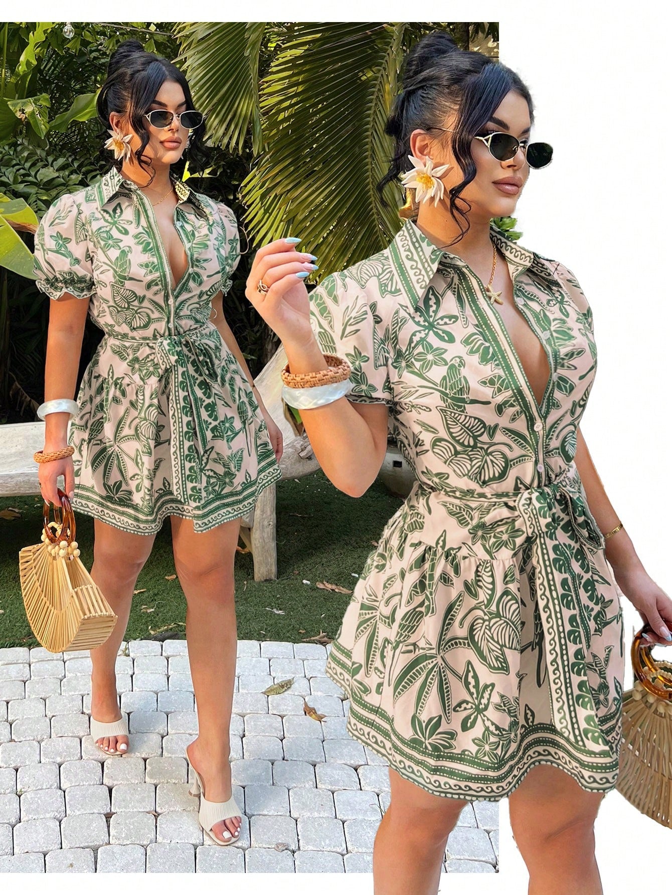 SXY Bohemian Tropical Print A-Line Dress, Women's Summer Holiday Vacation Outfits, Beige Front Button Resort Wear, Floral Hawaiian Aloha Beach Style Dress