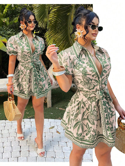 SXY Bohemian Tropical Print A-Line Dress, Women's Summer Holiday Vacation Outfits, Beige Front Button Resort Wear, Floral Hawaiian Aloha Beach Style Dress