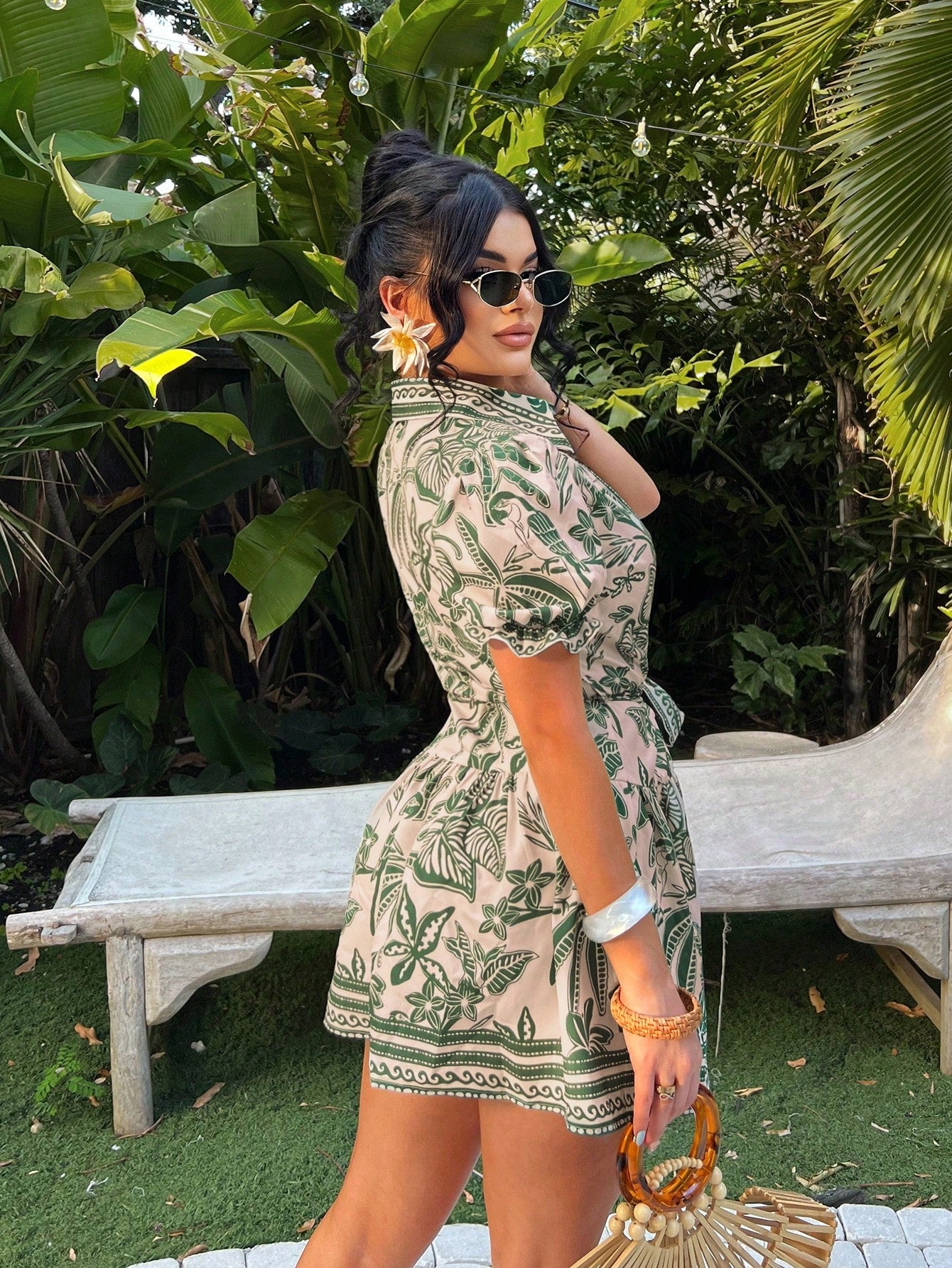 SXY Bohemian Tropical Print A-Line Dress, Women's Summer Holiday Vacation Outfits, Beige Front Button Resort Wear, Floral Hawaiian Aloha Beach Style Dress