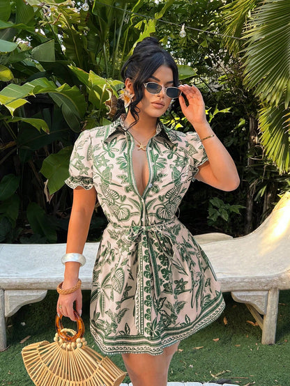 SXY Bohemian Tropical Print A-Line Dress, Women's Summer Holiday Vacation Outfits, Beige Front Button Resort Wear, Floral Hawaiian Aloha Beach Style Dress