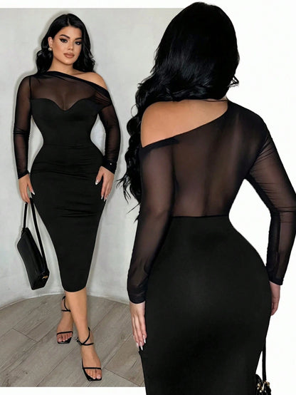 SXY Sexy Black Mesh Sheer Bodycon Dress Night Out Autumn,Party Dress,Work Outfits For Women,Black Dress