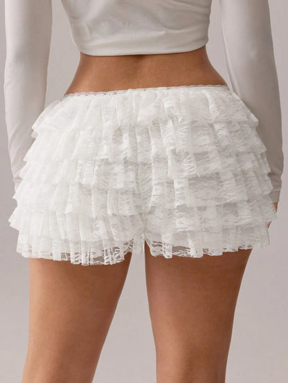 SXY Summer;White Floral Lace Ruffle Low Waist Shorts Night Sexy Glamorous