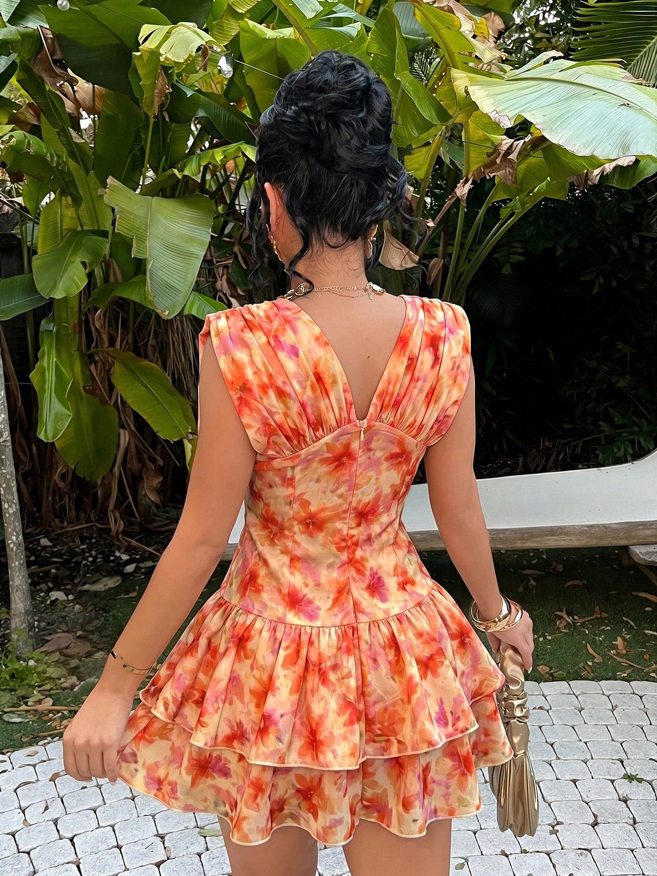 SXY Women's Peach Pink Vibrant Sleeveless Floral Deep V Neck Pleated Hem Mini Dress Stylish Boho Tropical Casual Sexy Elegant Party Vacation Summer