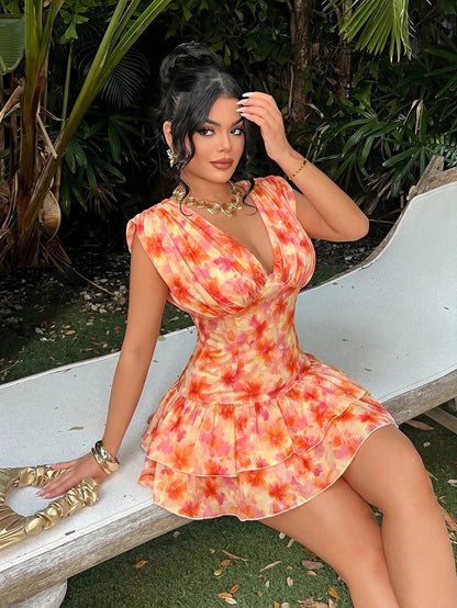SXY Women's Peach Pink Vibrant Sleeveless Floral Deep V Neck Pleated Hem Mini Dress Stylish Boho Tropical Casual Sexy Elegant Party Vacation Summer
