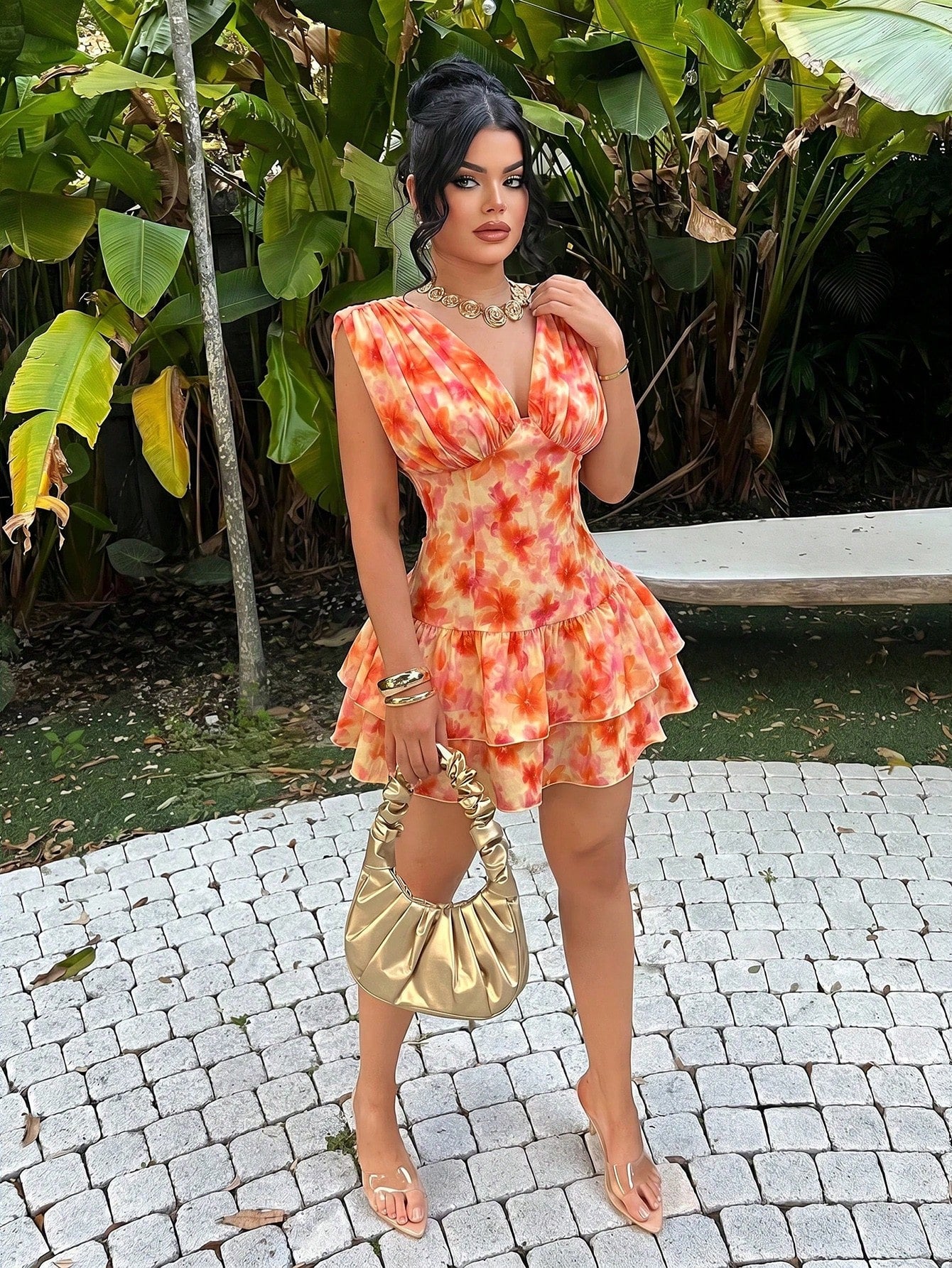 SXY Women's Peach Pink Vibrant Sleeveless Floral Deep V Neck Pleated Hem Mini Dress Stylish Boho Tropical Casual Sexy Elegant Party Vacation Summer