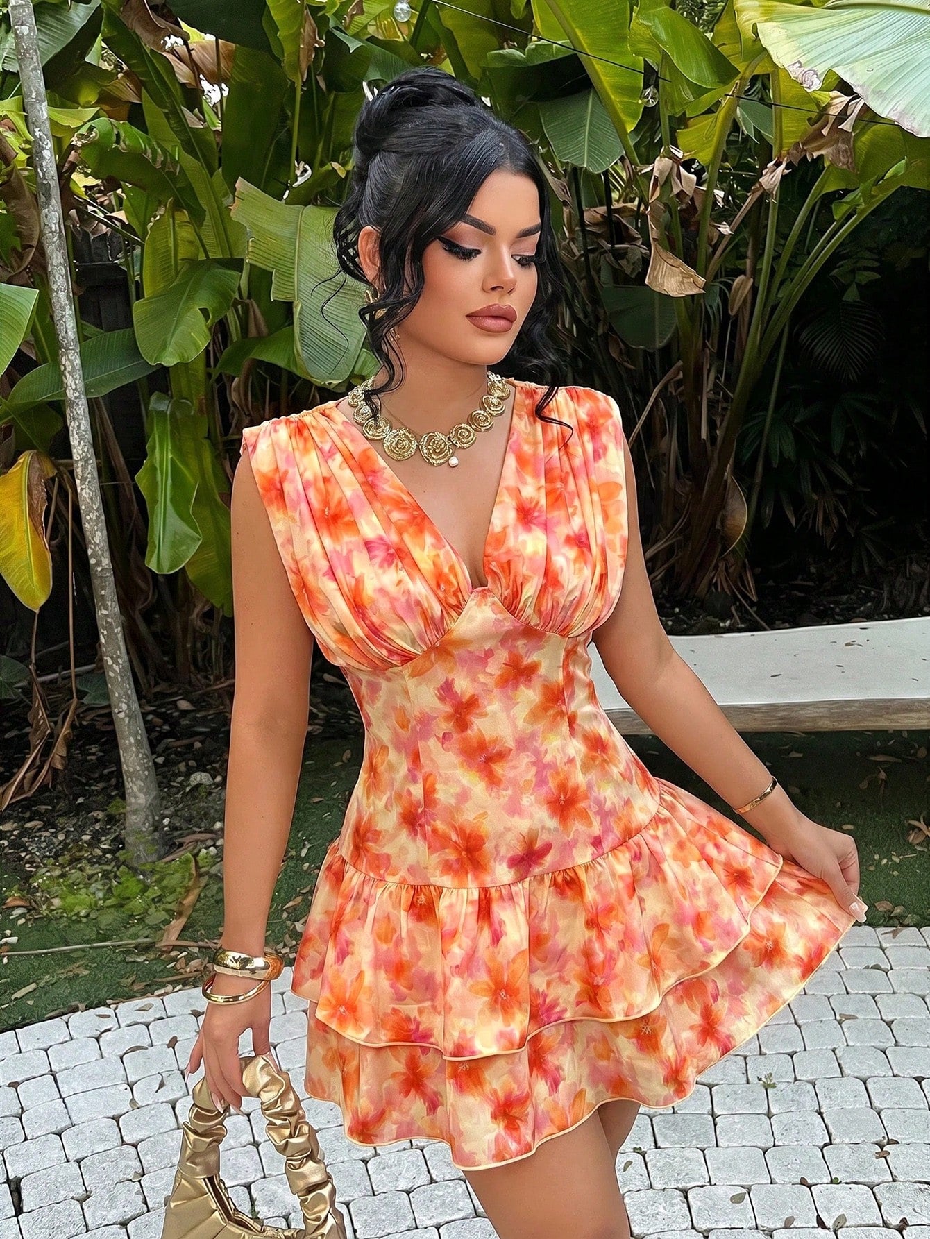 SXY Women's Peach Pink Vibrant Sleeveless Floral Deep V Neck Pleated Hem Mini Dress Stylish Boho Tropical Casual Sexy Elegant Party Vacation Summer