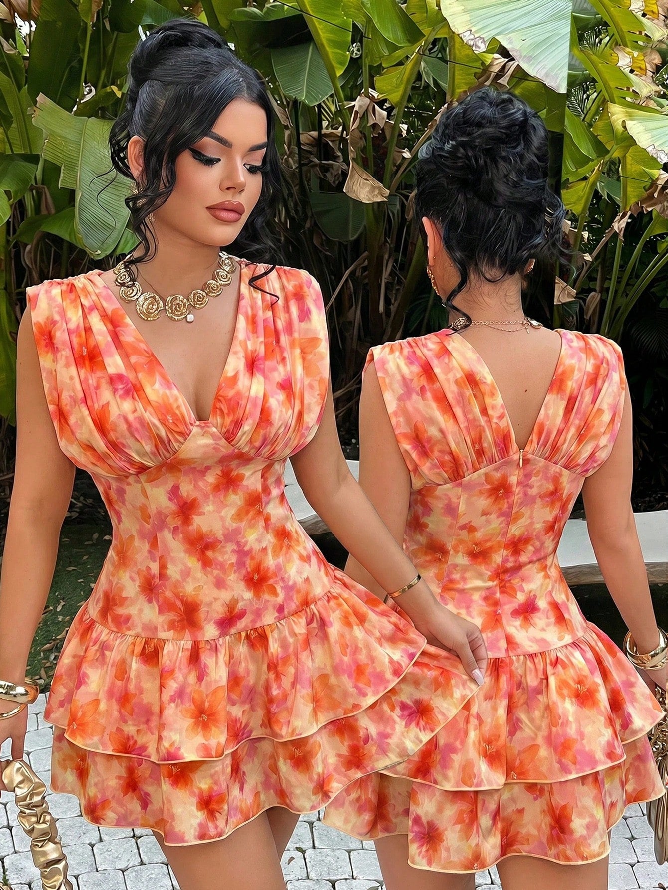 SXY Women's Peach Pink Vibrant Sleeveless Floral Deep V Neck Pleated Hem Mini Dress Stylish Boho Tropical Casual Sexy Elegant Party Vacation Summer