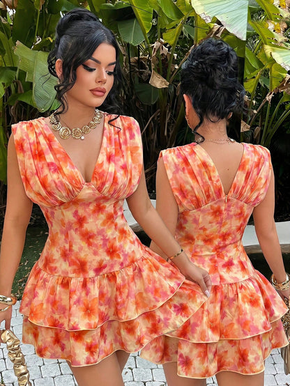 SXY Women's Peach Pink Vibrant Sleeveless Floral Deep V Neck Pleated Hem Mini Dress Stylish Boho Tropical Casual Sexy Elegant Party Vacation Summer